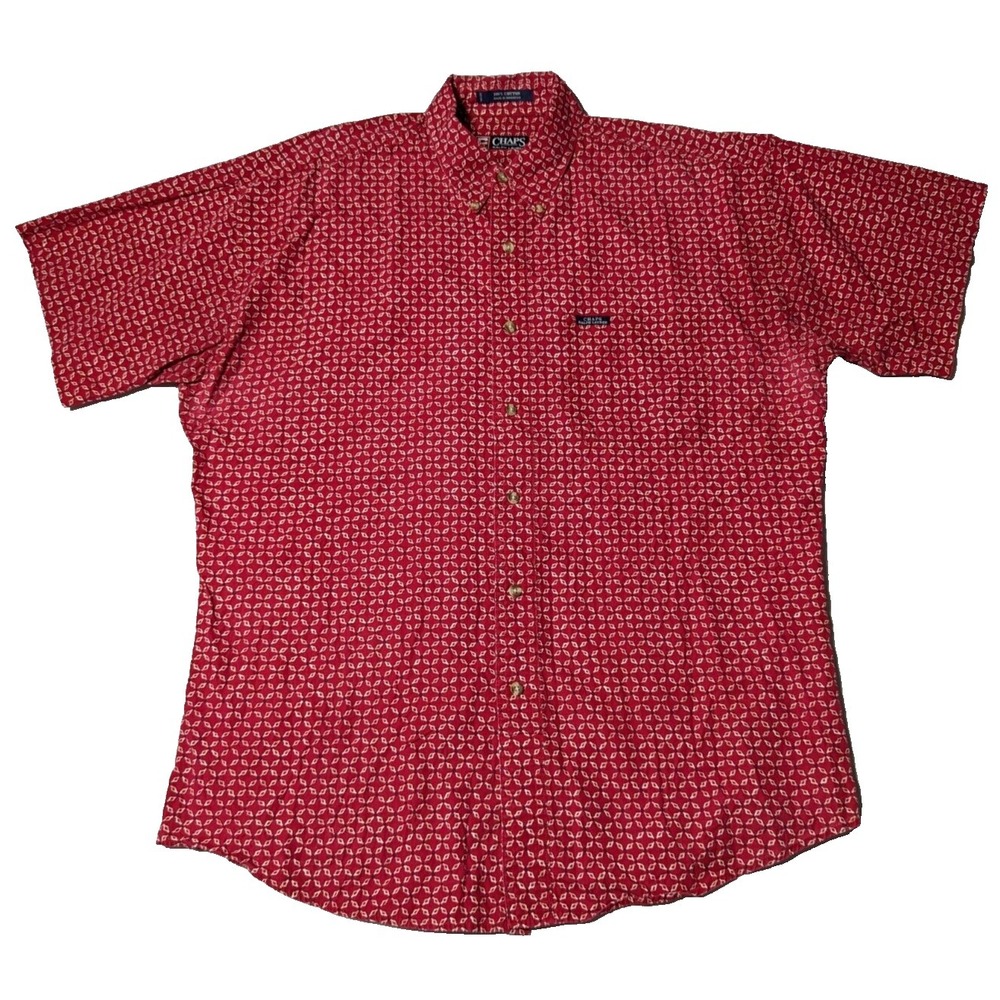 VTG CHAPS RALPH LAUREN Men Large Cotton Red Geo Button-Up Shirt